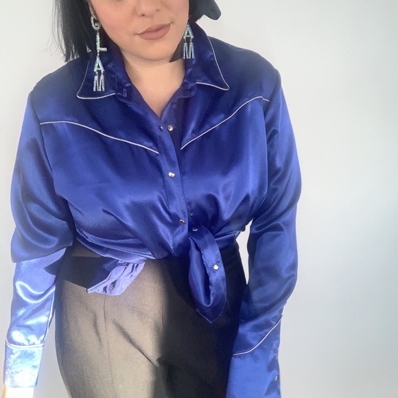 Vintage 80s Western Satin Slap Button Blouse S M L - Picture 6 of 8
